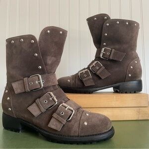 Giuseppe Zanotti Triple-Buckle Studded Boots in Deep Taupe Suede *Italy*